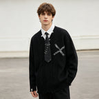 Harajuku False Two Shirt Sweaters Mens Necktie Damaged Ripped Dress Sweater Autumn Loose Casual Color Block Pullover Y2k