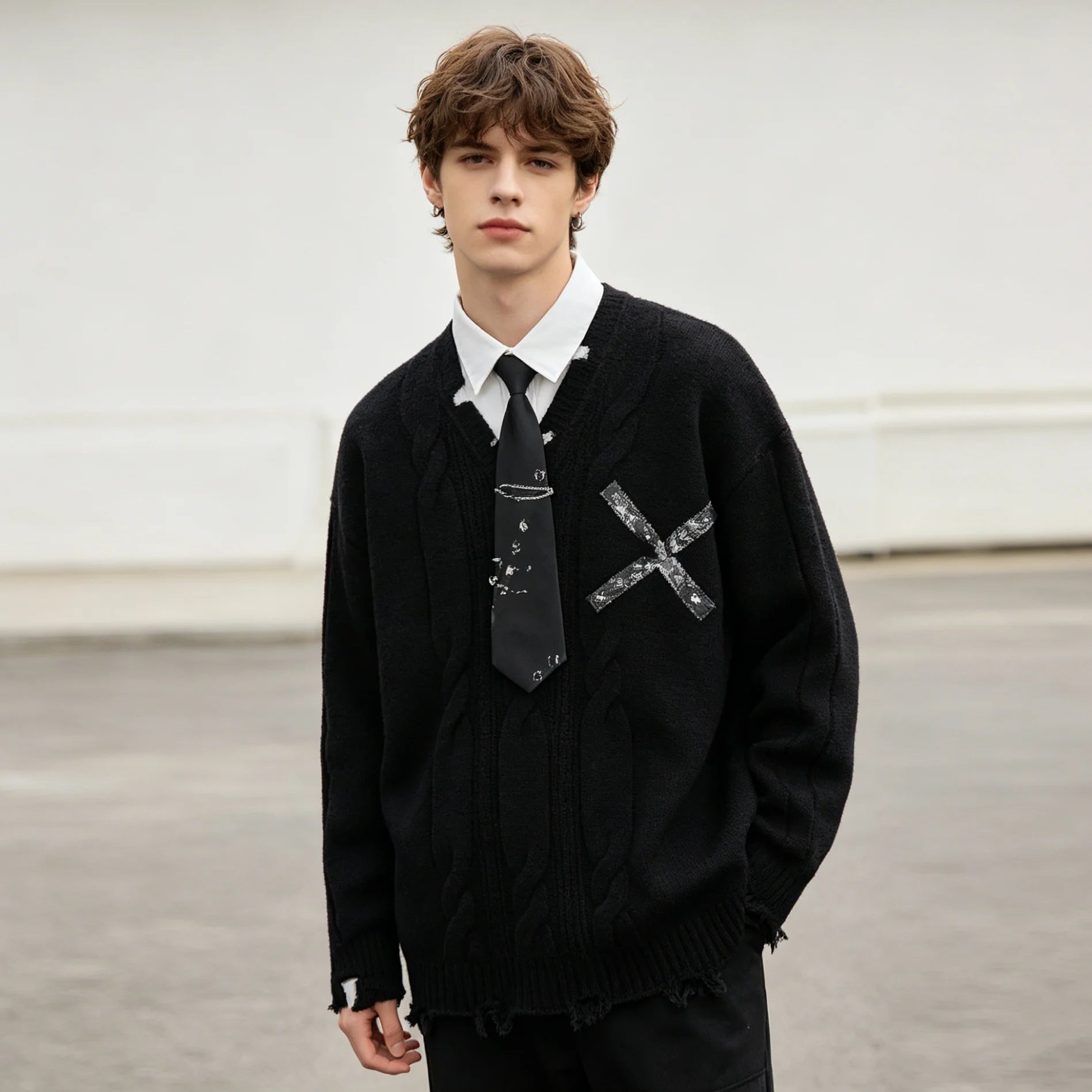 Harajuku False Two Shirt Sweaters Mens Necktie Damaged Ripped Dress Sweater Autumn Loose Casual Color Block Pullover Y2k