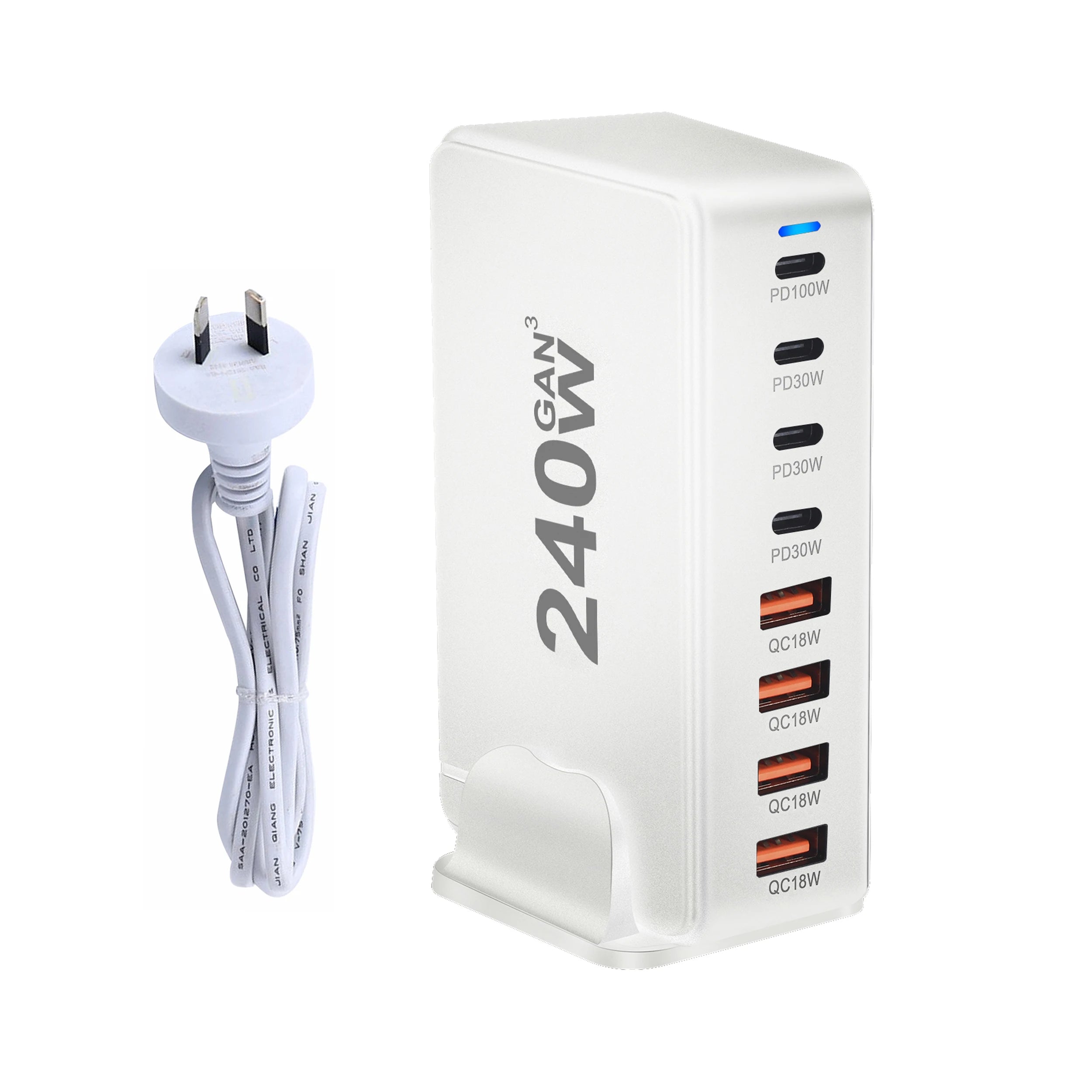 240W GaN desktop charger with 8 USB-C ports, supports PD 3.0 fast charging and is compact & portable