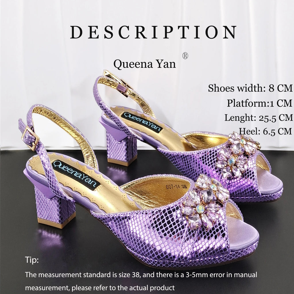 New Elegant 2026 Lilac Peep Toe Women Heels with Diamond Accents - Italian Design Matching Pumps and Bag Set for Parties