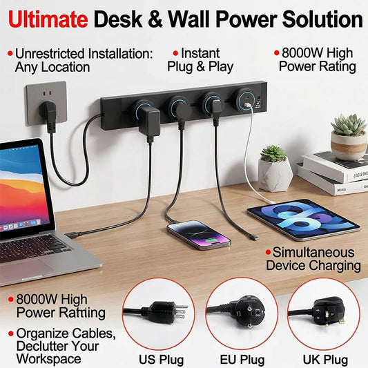 Wall Mounted Power Track Socket US EU UK Plug Adapter 40/50cm Office Electrical Outlet Wall socket USB Type C Grey Black