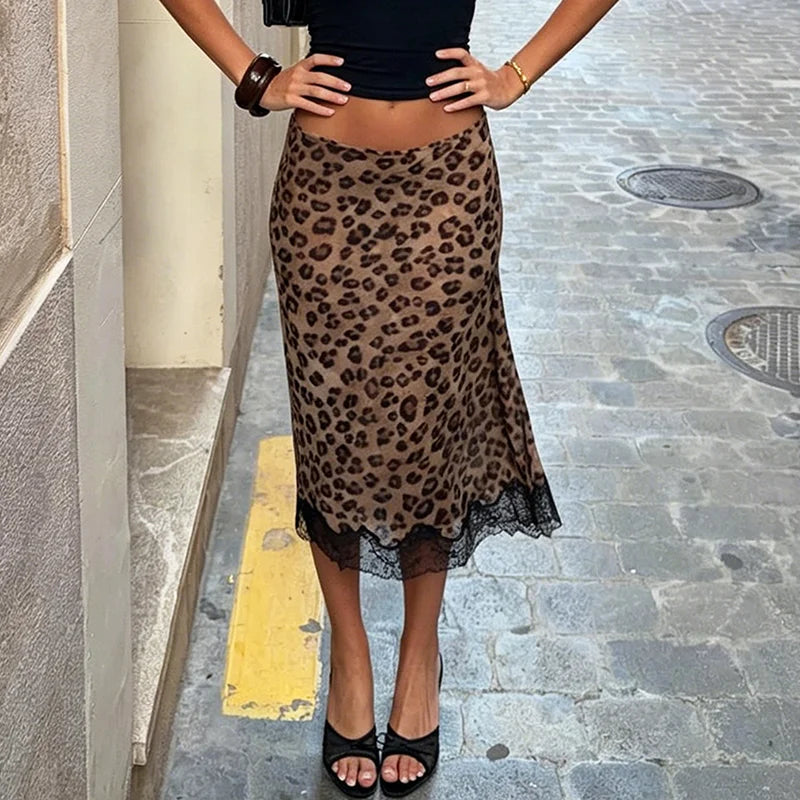 Talenza Summer Leopard Print Midi Skirts Sexy Women's Lace Patchwork Slim Skirts Fashion New Vintage Vacation Clubwear Y2K Skirt
