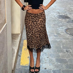 Talenza Summer Leopard Print Midi Skirts Sexy Women's Lace Patchwork Slim Skirts Fashion New Vintage Vacation Clubwear Y2K Skirt