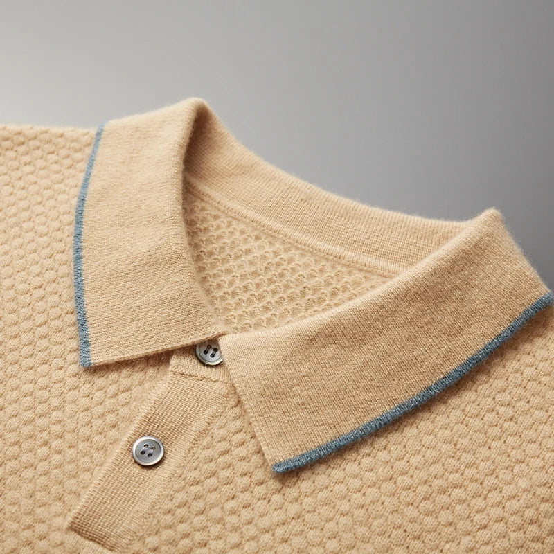 ZOCEPT 100% Cashmere Short Sleeve Sweater Autumn Winter New Casual Business Knitted Button-up Polo Collar Pullover for Men