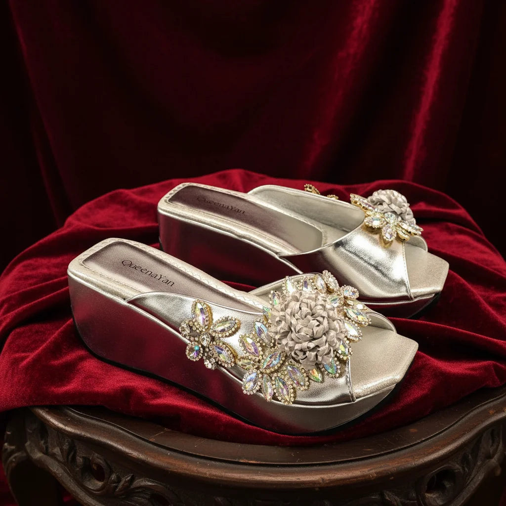 2026 Women's Elegant Green Wedge Heel Shoe and Matching Bag Set with Rhinestone Accents – Stylish Square Toe Design for Parties