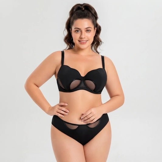 Women Plus Size Minimizer Sheer Mesh Bra And Panty Set Underwire Full Coverage Big Cup D E F G H I Curvy Lingerie 2 Pieces D