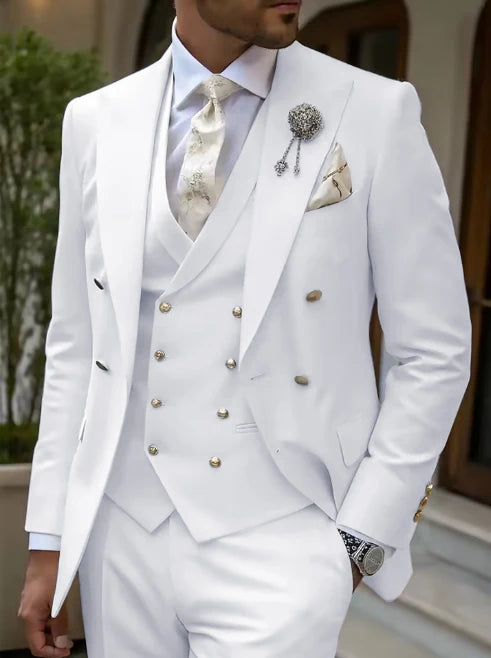 Men's 3-Piece Tuxedo Suit Set High-Quality GoldenButton Blazer Vest And Pants Wedding Business Gentleman's Suit
