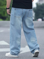FENROOST Plus Size Men's High Waist Straight Leg Jeans Four Seasons Loose Baggy Denim Trousers Casual Versatile Long Pants New