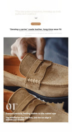Maden Men's Vintage Suede Cowhide Penny Loafers Old Money Style Slip-On Shoes Brown Dress Casual Low Top Boots for Fall