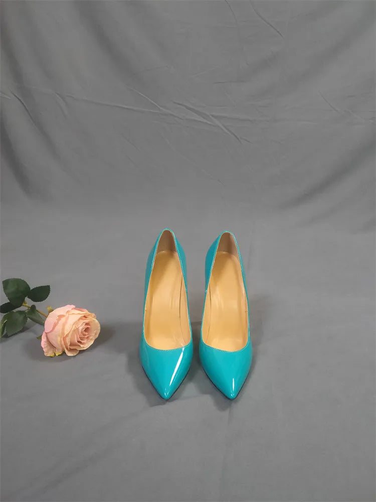 New blue high heels, socialite edition, customized sexy patent leather slim heel plus size women's single shoes