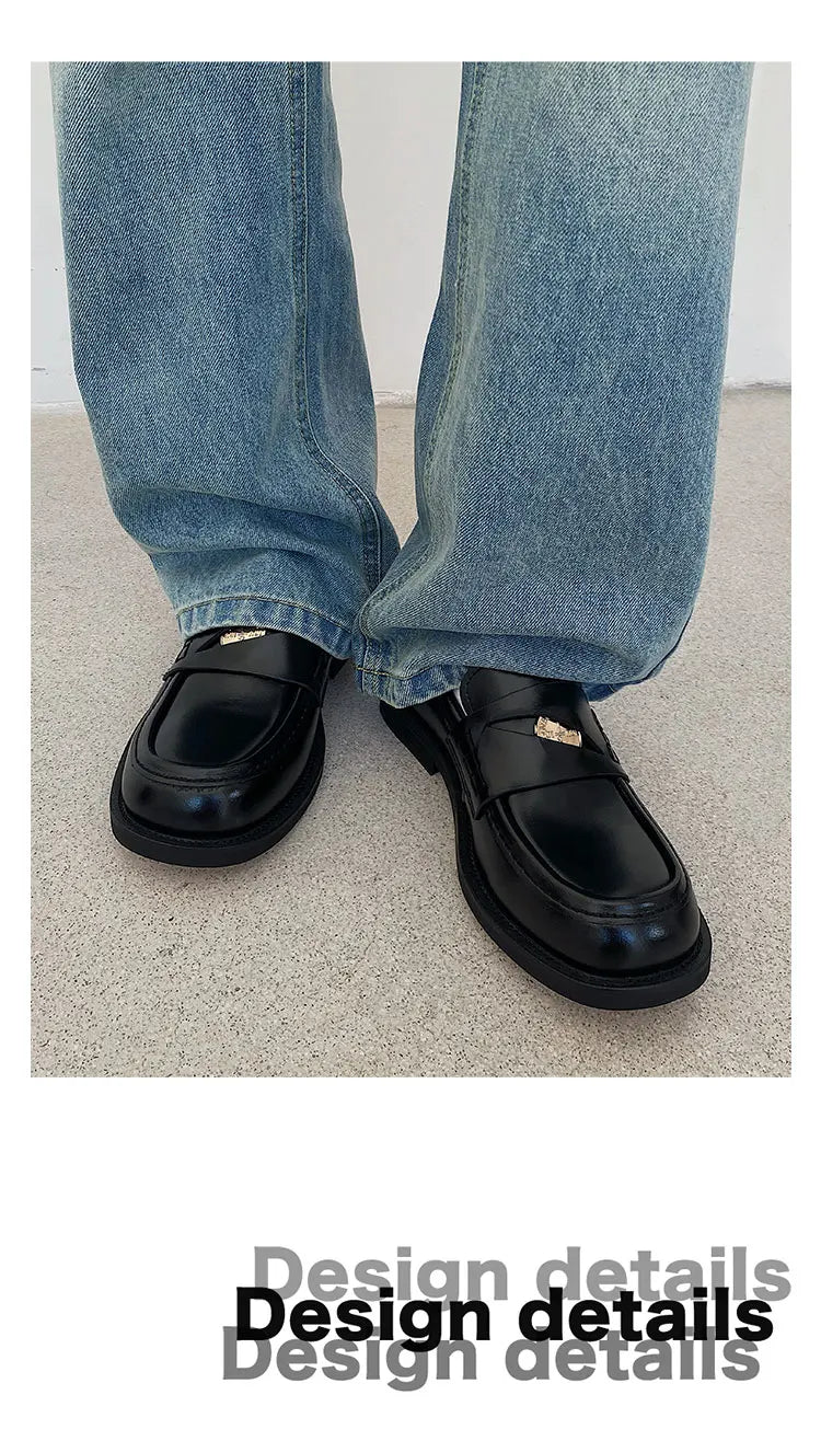 Slip in formal leather shoes for men's autumn new style retro metal coin design Loafer comfortable black British dress shoes