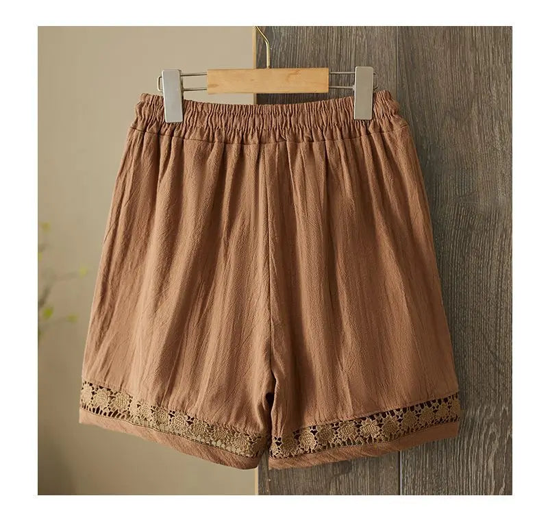 Women's Summer Retro Hollow Lace Trim Linen Shorts Elastic Drawstring Waist Casual Commute Wide Leg Pants