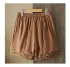 Women's Summer Retro Hollow Lace Trim Linen Shorts Elastic Drawstring Waist Casual Commute Wide Leg Pants
