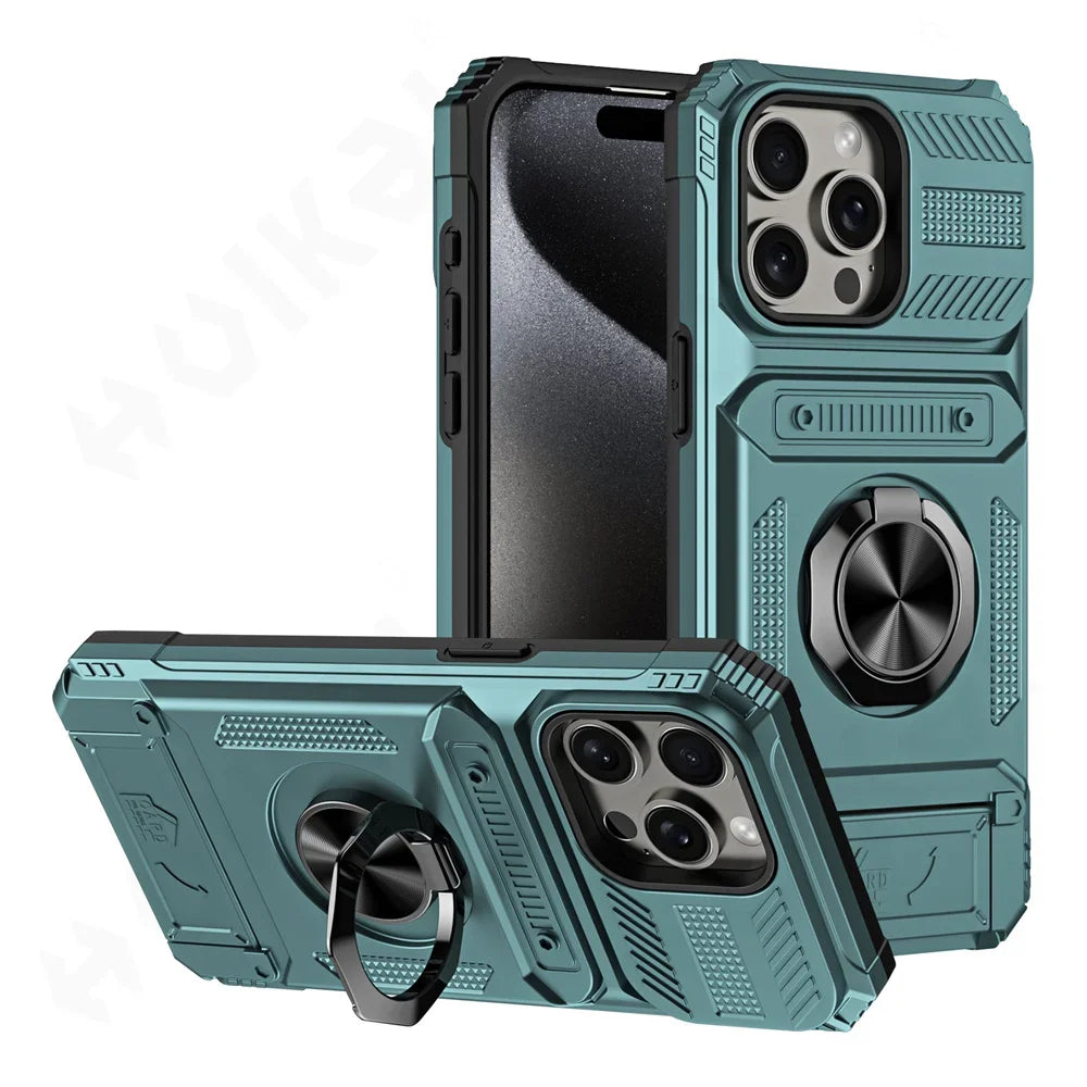Military Quality Case for iPhone 11 13 14 15 16 Pro Max Magnetic Rotated Ring Kickstand Heavy Duty Drop Protection Wallet Cover