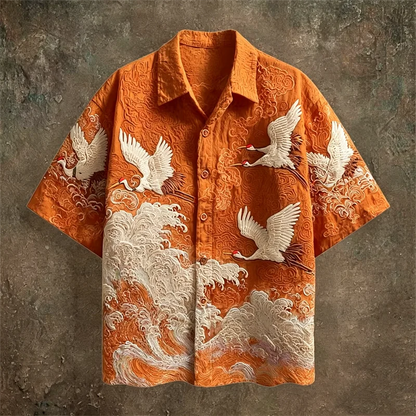 New dark green embossed dark pattern fabric with flying crane and wave printing for men's casual short sleeved shirt
