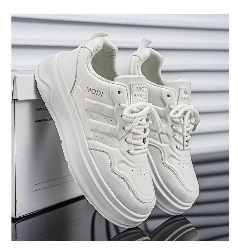2026 Summer Men's White Platform Sneakers Leather Casual Shoes Thick Sole Streetwear Trendy Footwear