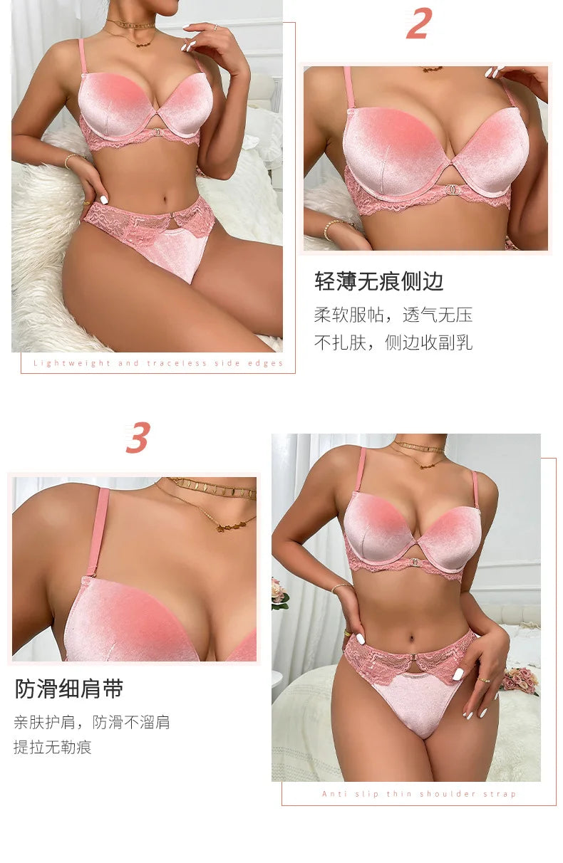 Autumn and Winter Velvet Bra Set Women's French Lace Patchwork Underwear Sexy Soft Steel Ring Ultrathin Lingerie Suit