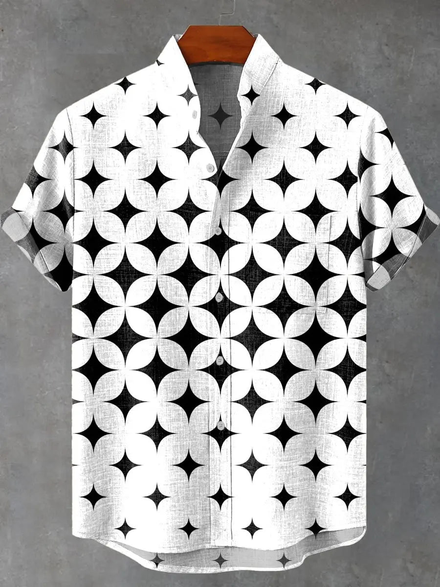 2025 Men's New Hot Selling Cool Checkered Pattern Printed Summer Comfortable Linen Short sleeved Shirt Men's Casual Button Top