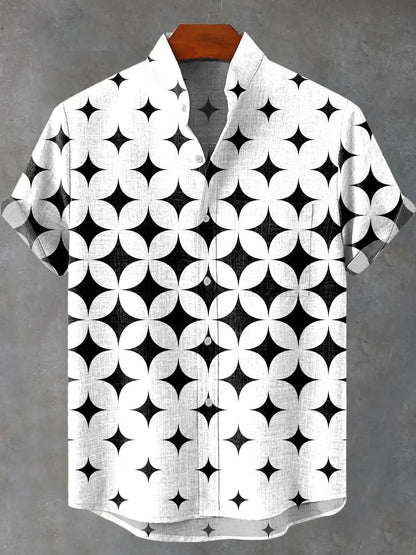 2025 Men's New Hot Selling Cool Checkered Pattern Printed Summer Comfortable Linen Short sleeved Shirt Men's Casual Button Top