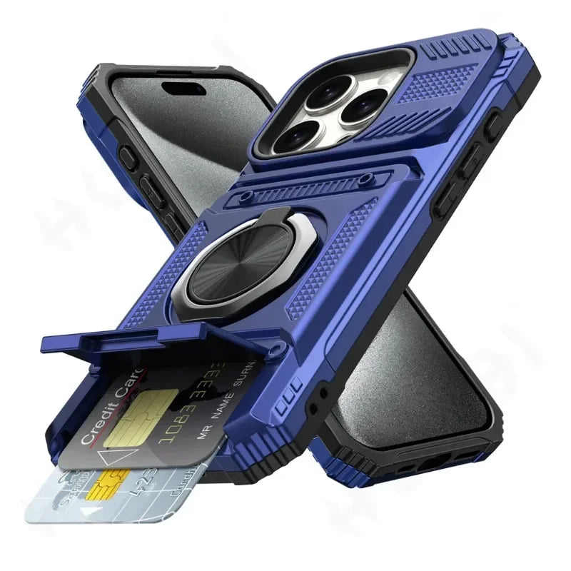 Military Quality Case for iPhone 11 13 14 15 16 Pro Max Magnetic Rotated Ring Kickstand Heavy Duty Drop Protection Wallet Cover