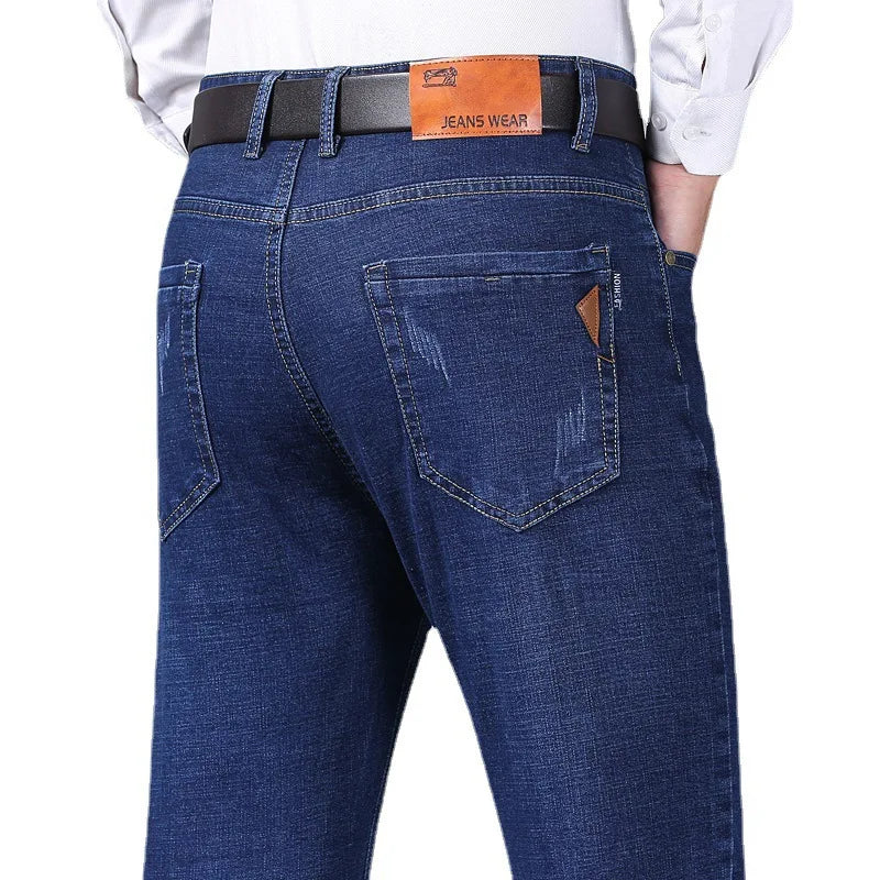 2026 Summer Thin Men's Elastic Cotton Jeans Fashion Blue Comfortable Business Straight Casual Pants Brand Male Clothes Trousers