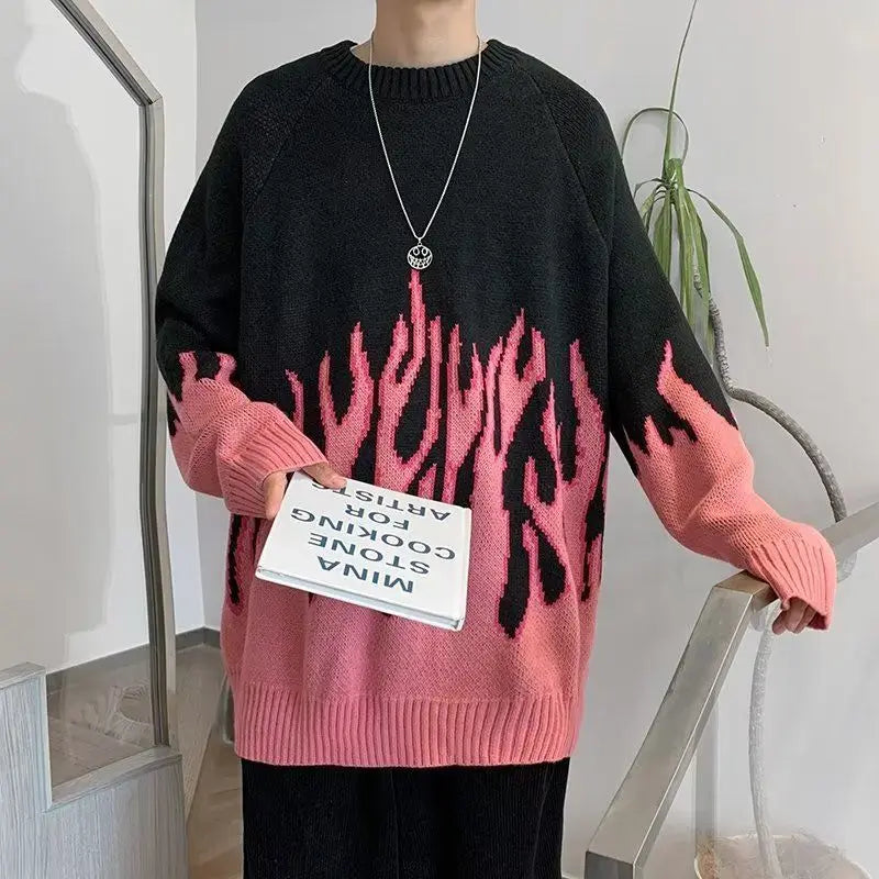 Fashion Gradient Flame Print Oversized Long Sleeve Sweaters Casual Pullovers Men's Clothing All-match Korean Loose Knitting Tops