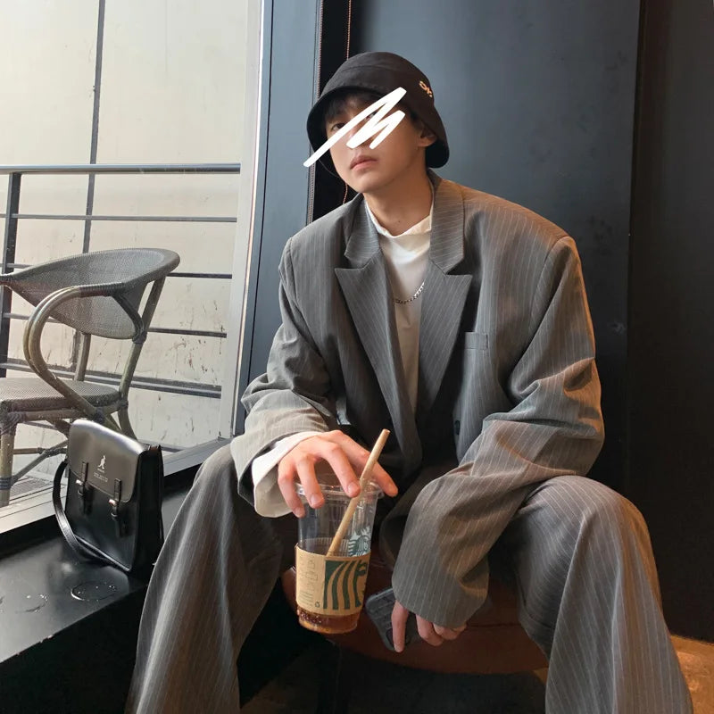 Spring Summer New Fashion Men's Korean Striped 2-piece Set Suits Blazers Pants Casual Trendy Straight Business Suit Male Sets