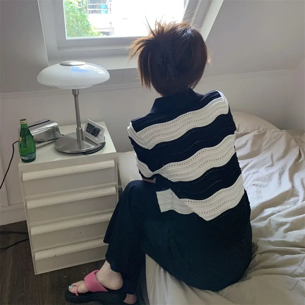 POLO Hollow Out Breathable Short Sleeve T Shirt Knit Striped Crop Top Aesthetic Clothing Summer Blouses For Women