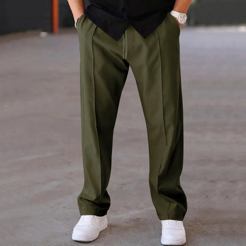 Men Casual LooseStraight Leg Dress Pants Elastic Drawstring Waist Front Seam Plain Wide Leg Trousers Daily Street Vacation Relax
