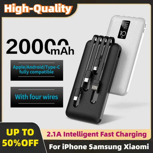 20000mAh Portable Charger Power Bank with Built in Cable Mobile External Battery for iPhone 15 13 Samsung S22 Xiaomi 14 10000mAh