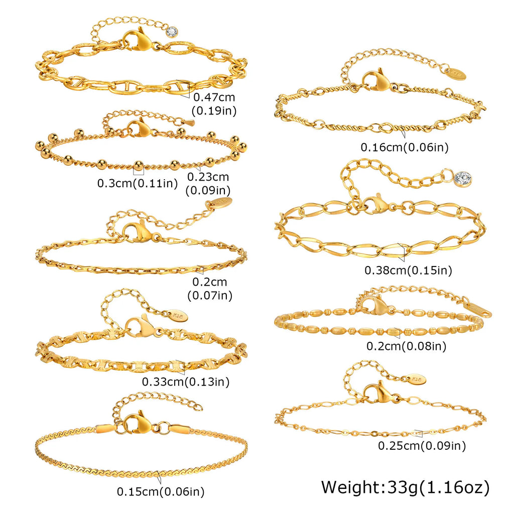 18K Gold Plated Link Bracelet for Women, Stainless Steel Stackable Chain Wristband, Adjustable Waterproof Jewelry