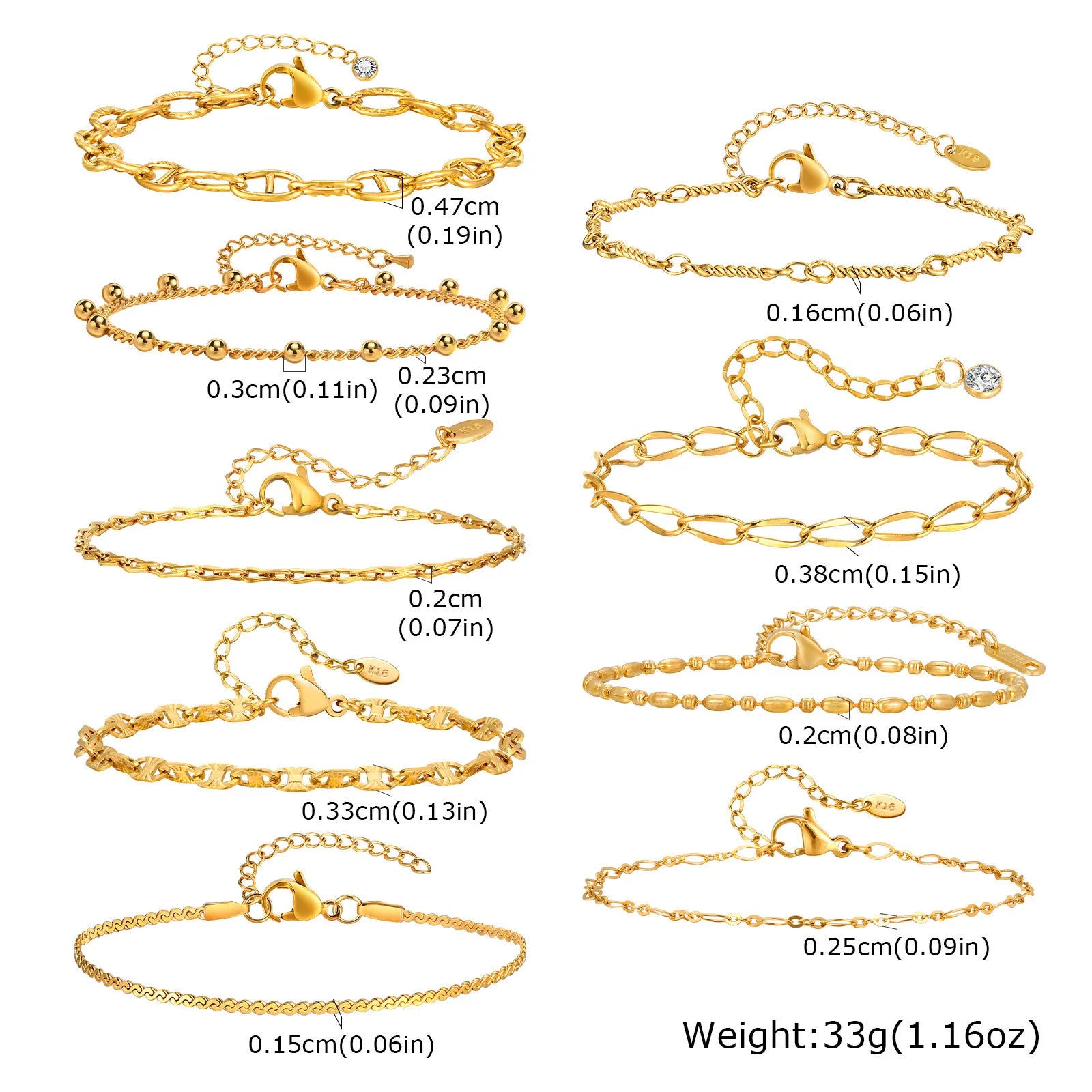 18K Gold Plated Link Bracelet for Women, Stainless Steel Stackable Chain Wristband, Adjustable Waterproof Jewelry