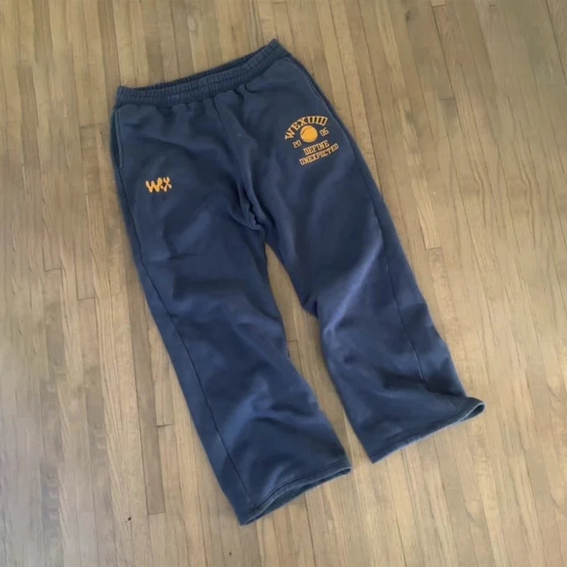 Y2K Retro Navy Sweatpants Letter Badge Embroidery Casual Pants American Trend Hip Hop Streetwear Terry Unisex Baggy Sport Pants