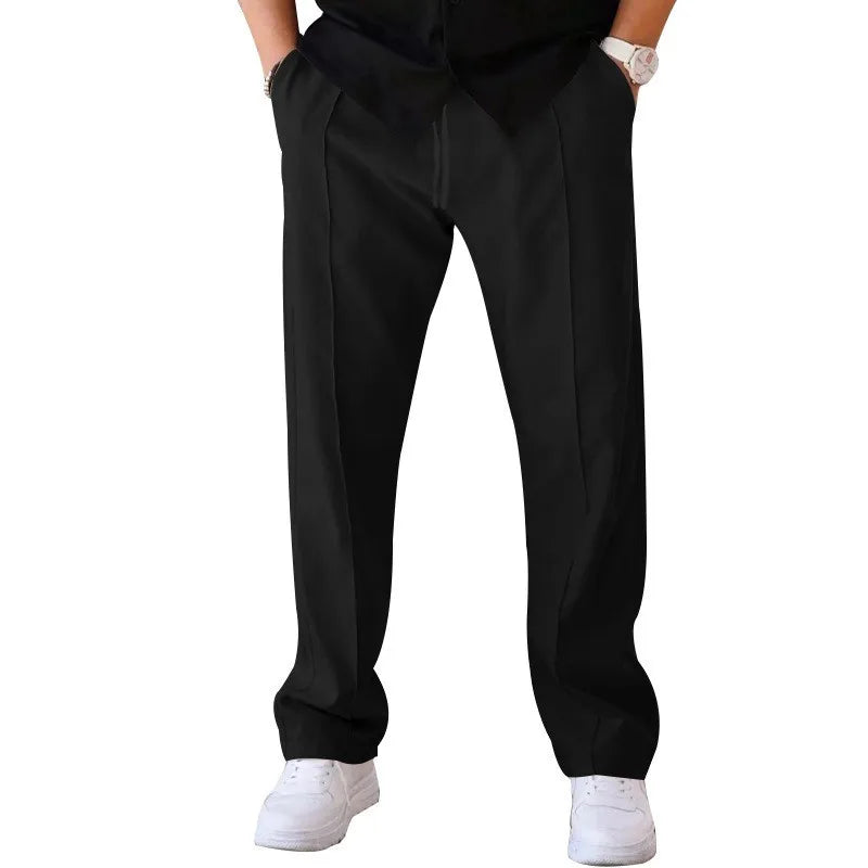 Men Casual LooseStraight Leg Dress Pants Elastic Drawstring Waist Front Seam Plain Wide Leg Trousers Daily Street Vacation Relax