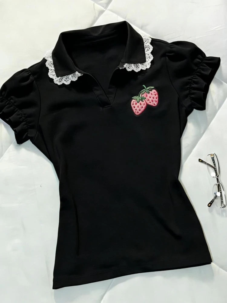Sweet Design Patchwork Lace Slim T-Shirts Women Casual Kawaii Strawberry Embroidery Polo Collar Tees Fashion Lovable Clothes