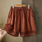 Women's Summer Retro Hollow Lace Trim Linen Shorts Elastic Drawstring Waist Casual Commute Wide Leg Pants