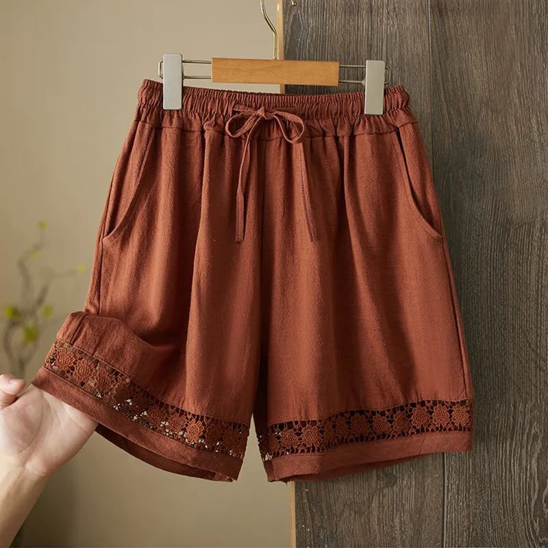 Women's Summer Retro Hollow Lace Trim Linen Shorts Elastic Drawstring Waist Casual Commute Wide Leg Pants