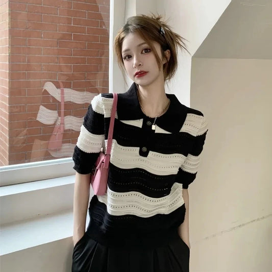 POLO Hollow Out Breathable Short Sleeve T Shirt Knit Striped Crop Top Aesthetic Clothing Summer Blouses For Women