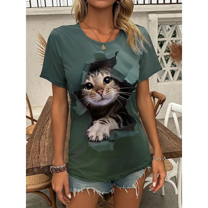 Funny 3D Cartoon Cat Print Women's T-Shirts Casual O-neck Short Sleeve Top Fashion Female Clothing Summer Girl Blouse Loose Tees
