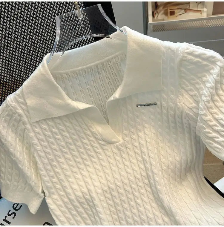 Summer Women's Polo-neck Short-sleeved Shirt Ice Silk Twist Stripe Knitting T-Shirt Thread Loose Minimalist Lapel Pullover Tees