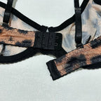 5Pcs Leopard Lingerie Set With Garter Belt Stockings Gloves Mesh Bra and Panty Set Strappy Underwear Erotic Costume For Women