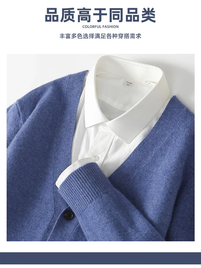 100% Pure Wool Sweater Autumn Winter New Men's Cardigan V-Neck Buckle Jacket Loose Casual Cashmere Knitted Sweater Long Sleeveds