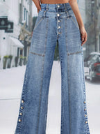 Women's Fashion Vintage Plus Size Wide Leg Jeans High Waist Button Fly Denim Trousers Pants Harajuku Pockets Autumn Jeans