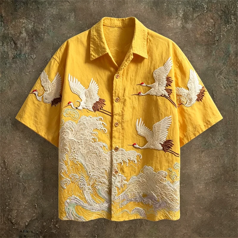 New dark green embossed dark pattern fabric with flying crane and wave printing for men's casual short sleeved shirt