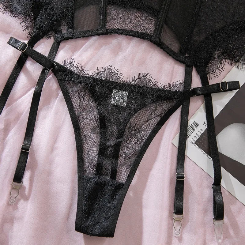 Willowy Women's Lingerie Sets Sexy Corset Lace Bra and Panty 2PCS with Stockings Sheer Outfits Sissy Girl's Intimate Underwear