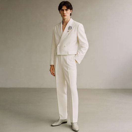 Cropped Men's Suits Formal Wedding Groomsmen 2 Piece Jacket Pants Sets Fashion Male Clothing High Quality Male Clothing Costume