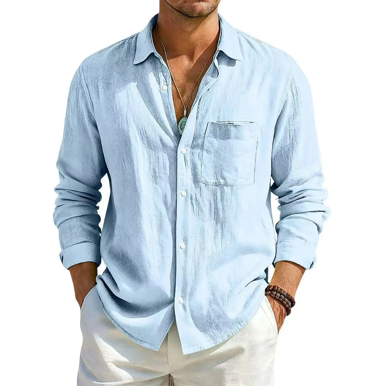 Men's Summer Long Sleeve Shirt Solid Color Loose Cotton Linen Shirt With Pockets Summer Breathable Fashion Casual Shirts for Men