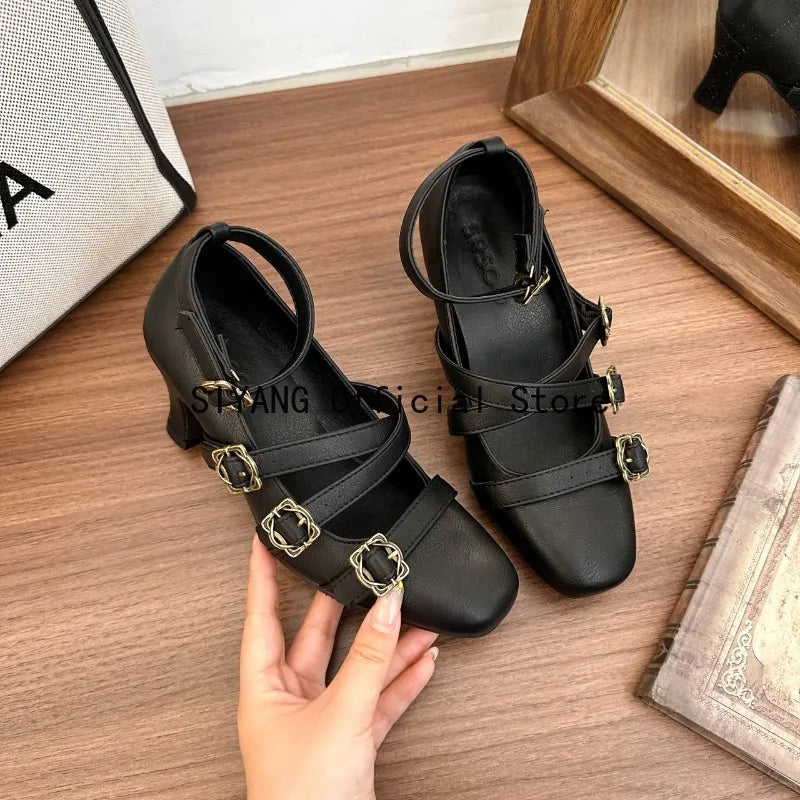 Sweet Lolita Cross Buckle Strap Women Mary Jane Shoes Fashion Multi Metal Buckle Shoes Retro Wedding Party Dress Ladies Pumps