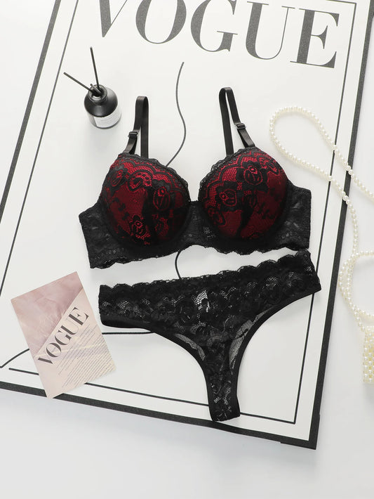 The Best-selling Sexy Gathering Style Lace Flower Adjustable Shoulder Strap Two-piece Set For Women's Underwear A3129