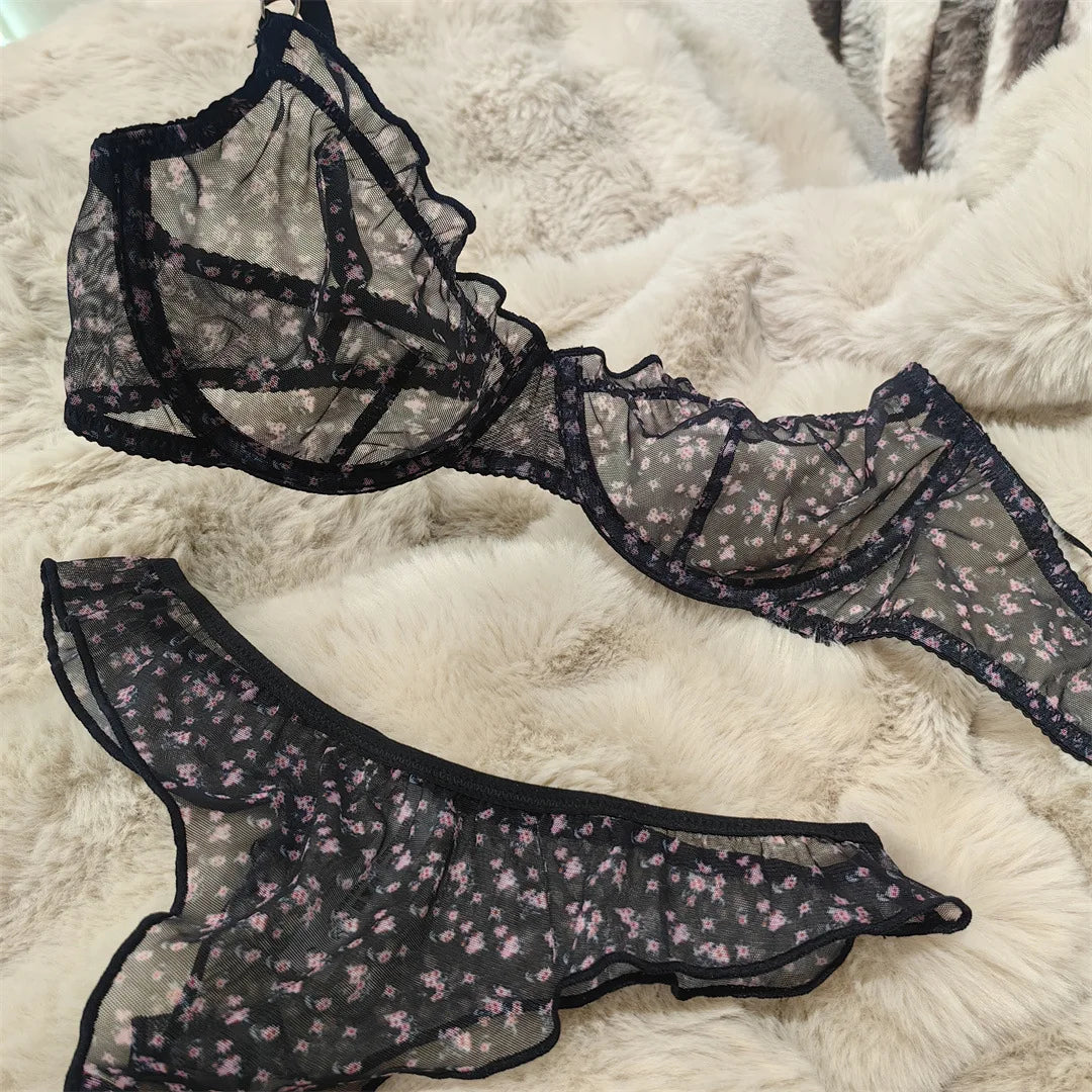 Fashion Floral Prints Women Lingerie Set Fashion Sexy Lace Bra French Ultra Thin Breathable Intimates Bralette Soft Underwear